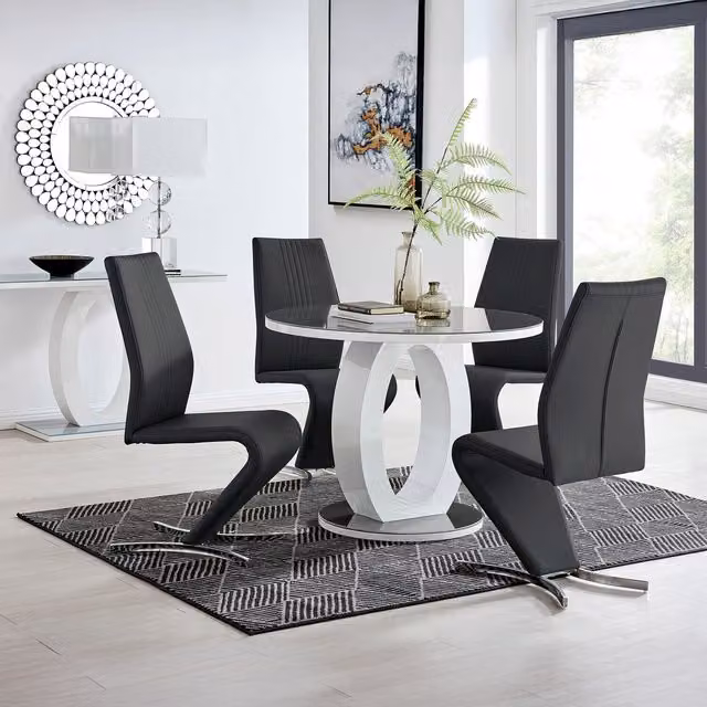 FurnitureboxUK Giovani Round Glass Dining Table and Four Willow Chairs Set in Black and Grey