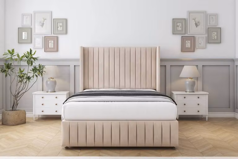 Sloomy Marlborough Naples Divan Set in Light Sand, Super King, with Wingback Headboard and Footboard
