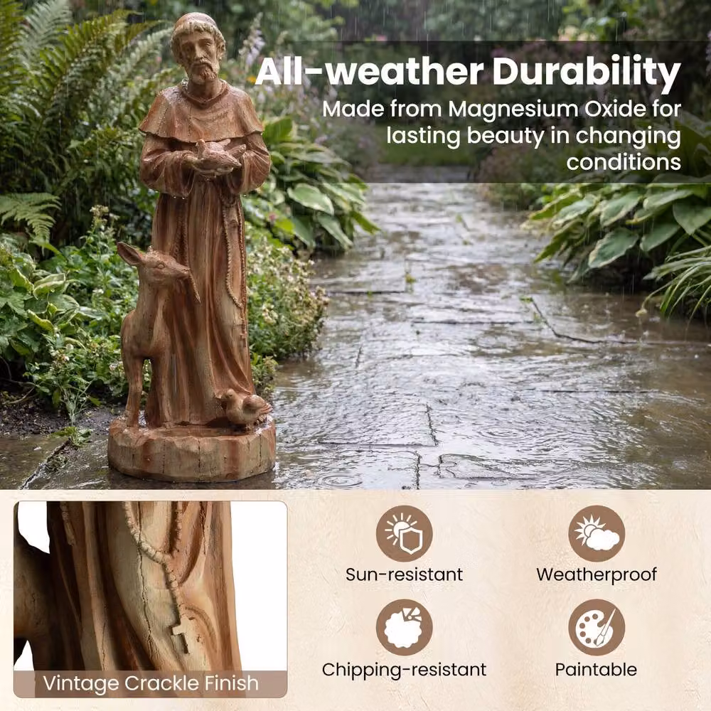 Gymax St. Francis Patron of Animals Statue with Bird Feeder, Brown Stone Sculpture, Height: 62 cm – 7