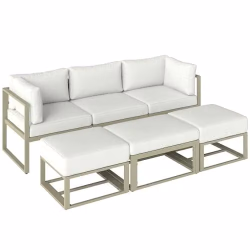 Outsunny 6 Piece L-Shape Garden Daybed Set with Powder Coated Aluminium Frame and Upholstered Cushions in White and Beige – 1