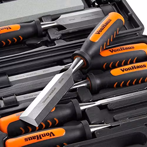 VonHaus 8-Piece Chrome Vanadium Woodworking Chisel Set with Sharpening Stone, Honing Guide and Storage Case – 7
