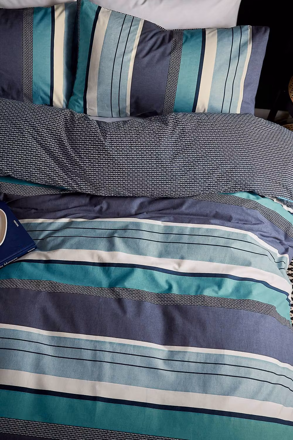 Helena Springfield Horizon Stripe Reversible Cotton Duvet Cover and Pillowcase Set in Blue, W: 200 cm x H: 200 cm – 4