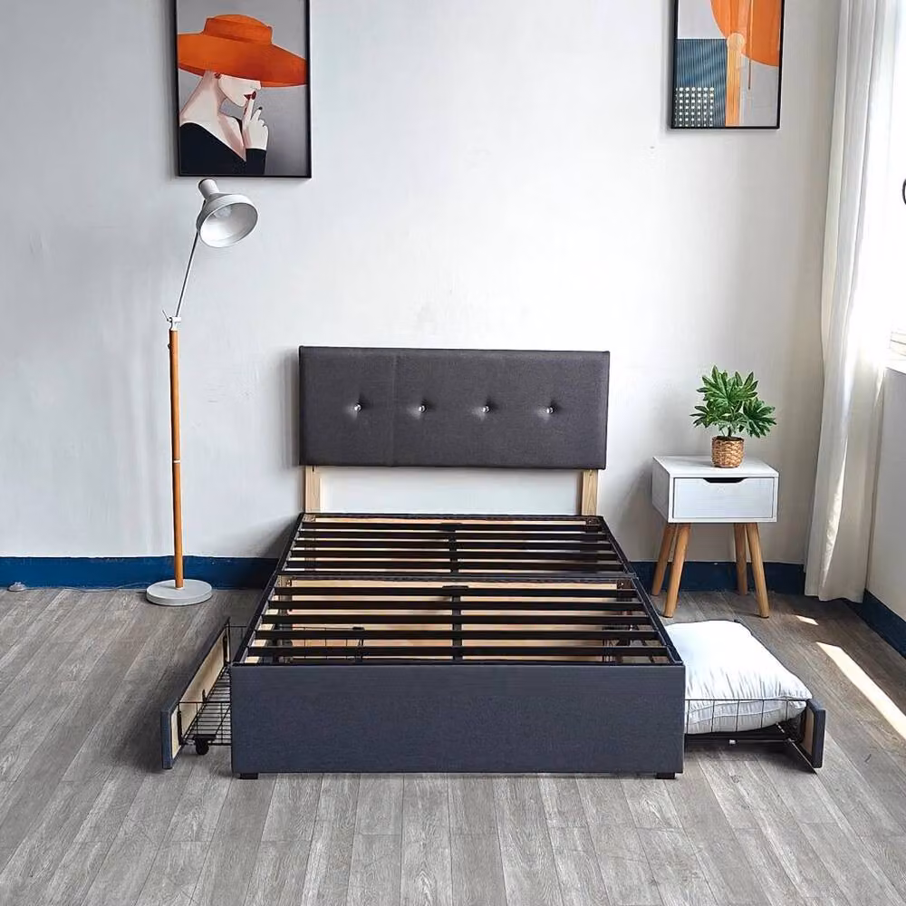 FLAVORA Upholstered Fabric Double Bed Frame with Crystal Headboard in Grey, W/D/H: 140 x 200 x 135 cm – 3