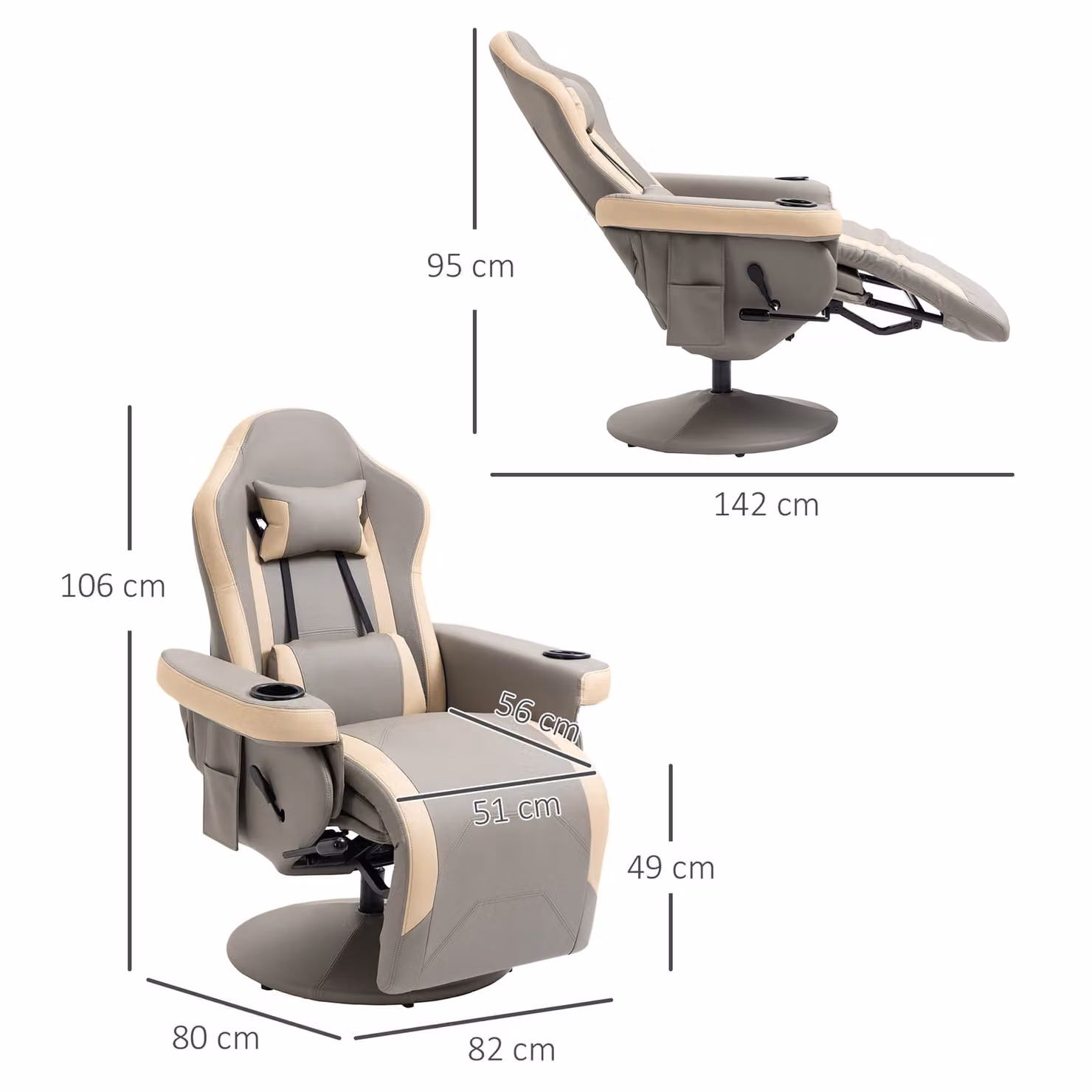 HOMCOM Grey PU Leather Manual Recliner Armchair with 360 Degree Swivel and Adjustable Leg Rest – 3