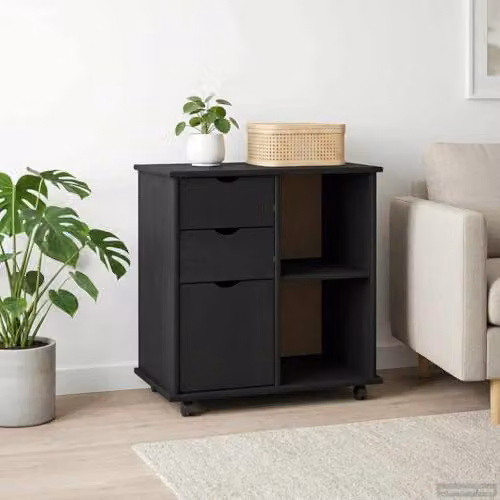 vidaXL Rolling Cabinet in Black Solid Pine Wood W/D/H: 63.5 x 39 x 65.5 cm – 2