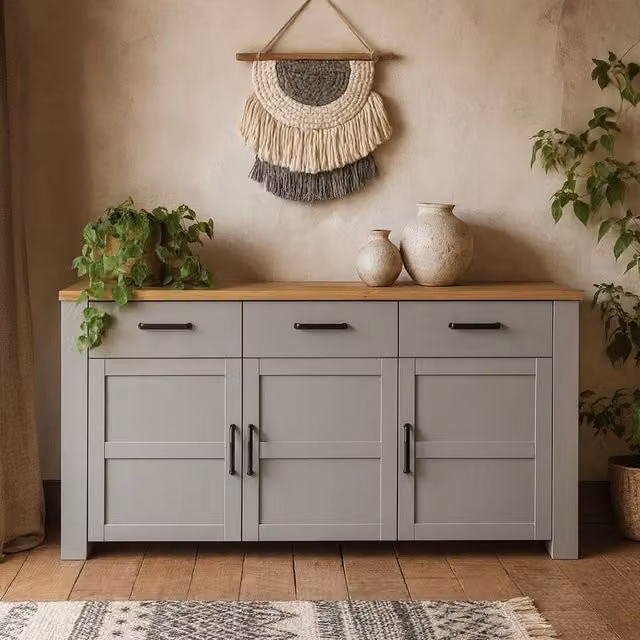 Wyld Haus Bramblecroft Grey and Natural Oak Wide Sideboard with 3 Doors and 3 Soft-Close Drawers W/D/H: 166 x 42 x 87.2 cm