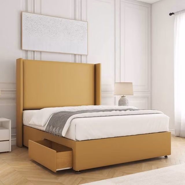 BSSPOKE Austin Super King Divan Bed Set with 2 Drawers, 54 inch Headboard and Mattress in Mustard Yellow Plush Velvet