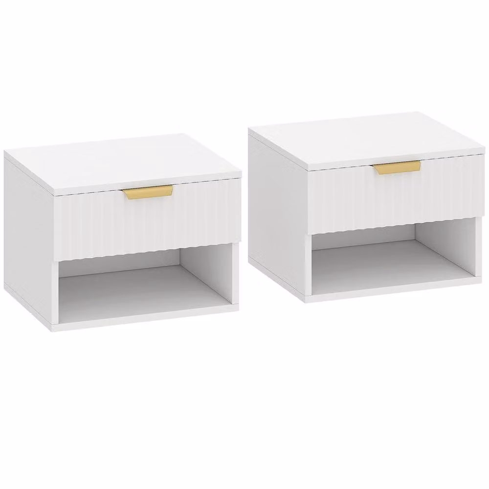 Wyld Haus Set of 2 White and Gold Wall Mounted Bedside Tables with Soft Close Drawers and Shelving – 2