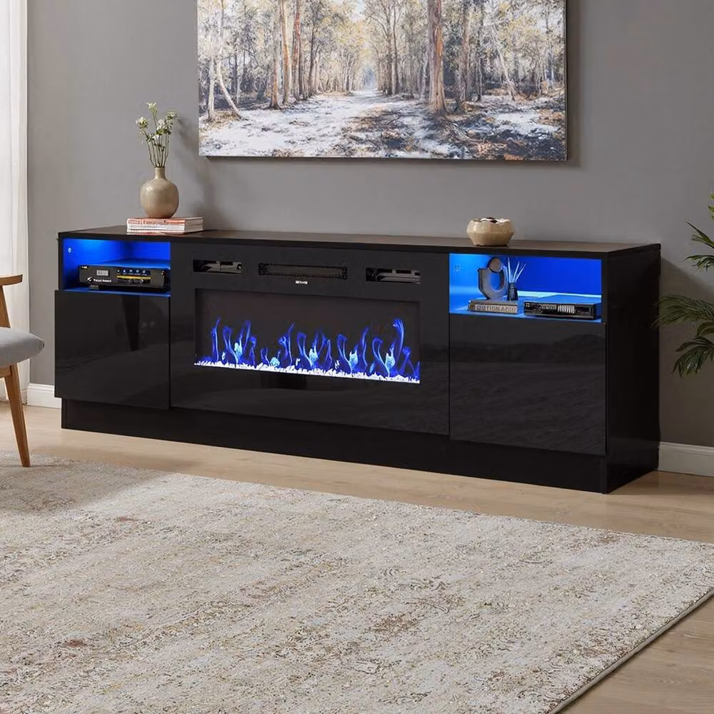 FORGEVIO Modern High Gloss Black TV Stand Cabinet with Electric Fireplace – 3
