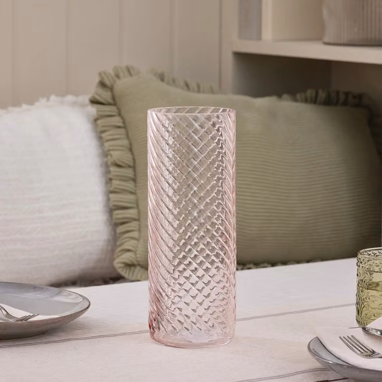 Blush Textured Glass Vase in Pink, Round Abstract Design