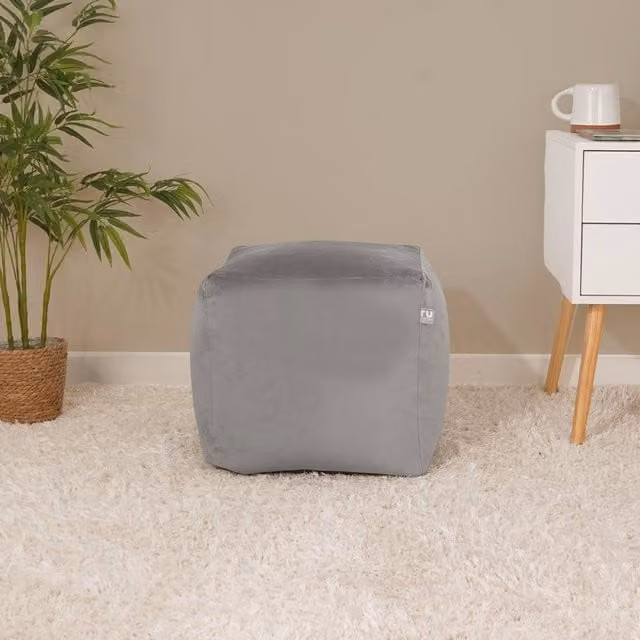 rucomfy Velvet Cube Bean Bag Pouffe in Light Grey with Removable Cover