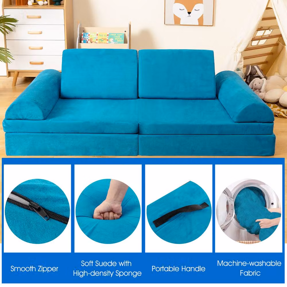 Costway 6-Piece Modular Kids Play Couch Sofa Set, Convertible Soft Foam Playset in Turquoise and Black – 4