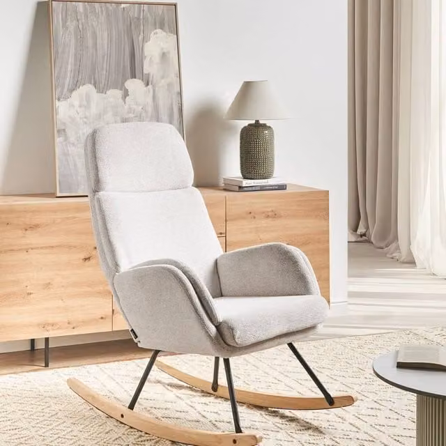 Wyld and Coco Off-White Rocking Chair with Woven Fabric and Rubberwood Legs