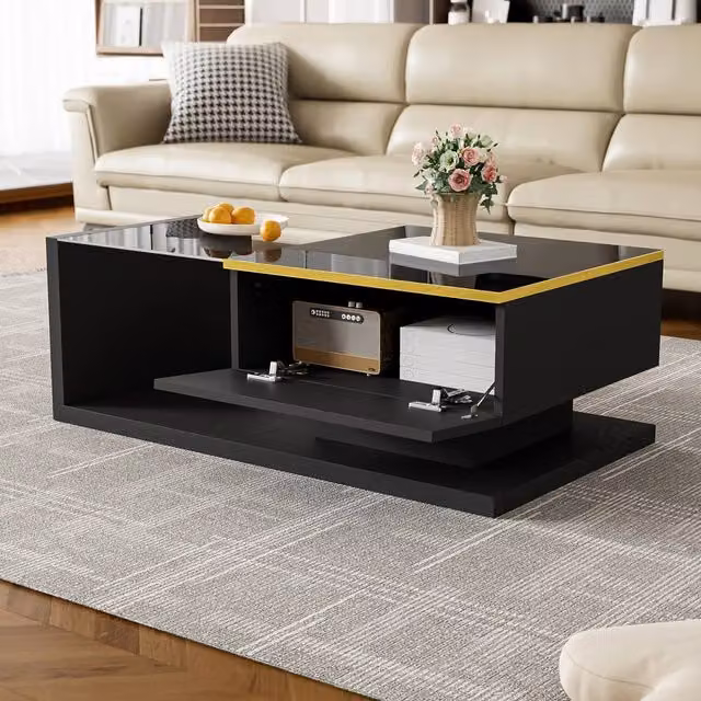 STILVORA Modern Black Coffee Table with Glossy LED Glass Top – 1