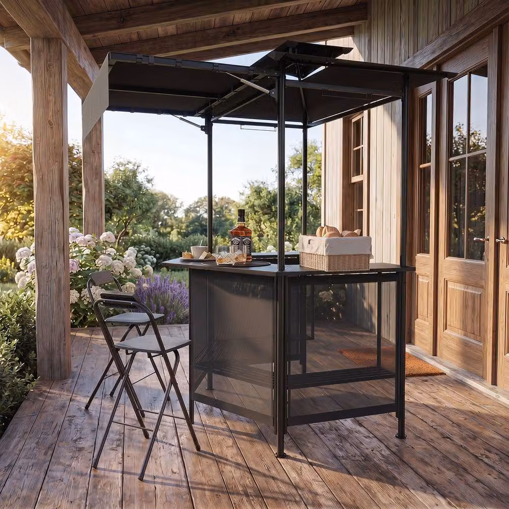 Gymax Outdoor Bar Set Including Grill Gazebo, Bar Table and 2 Folding Bar Stools in Grey – 7