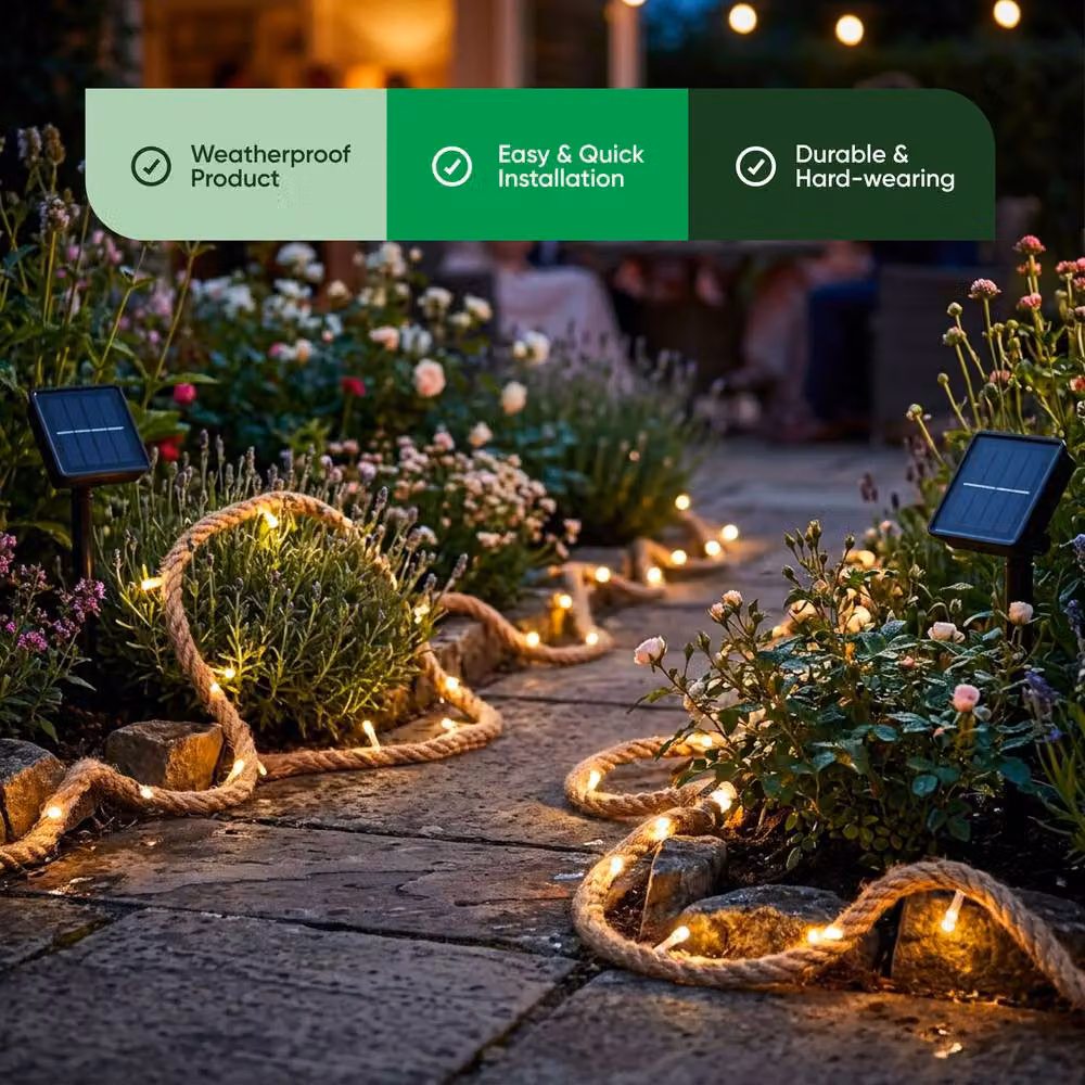 Gardenwize Pack of 2 Rustic Beige Hemp Solar Rope Lights, 4 m – 5