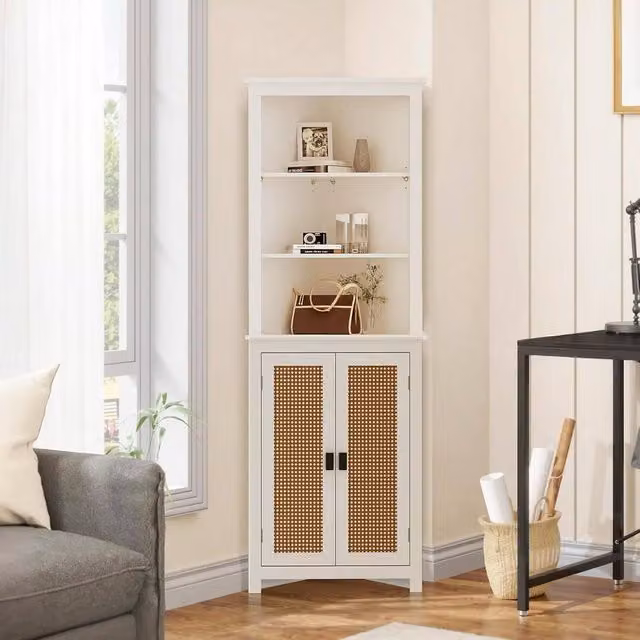 London Boutique White Rattan and Wood Corner Storage Cabinet with 2 Hinged Doors – 1