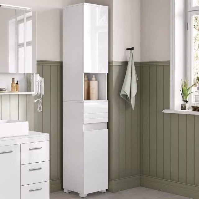 VASAGLE Tall Narrow White Bathroom Cabinet with Shelves and Drawers, H 170 x W 30 cm