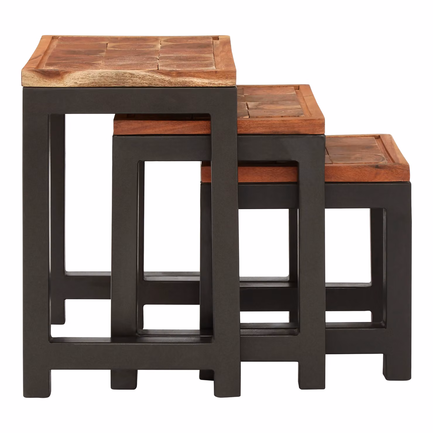 Orsina Set of Three Modern Acacia Wood and Metal Nesting Tables in Brown and Black – 3