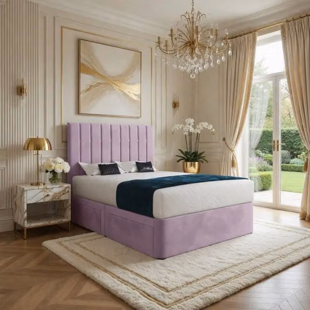 KDMD Quatt Modern Upholstered Velvet Designer Bed Frame in Pink and Purple, W/D/H: 90 x 190 cm – 1