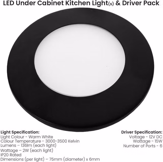 Loops 5x Matt Black Ultra-Slim Round Under Cabinet Kitchen LED Light and Driver Kit with Warm White Diffused Light – 1