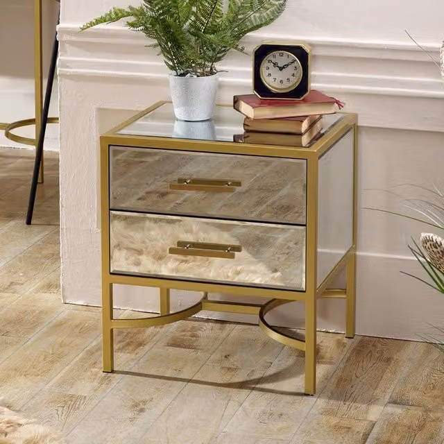 Melody Maison Venus Gold Mirrored Bedside and Occasional Table, W/D/H: 55.0 x 28.5 x 48.0 cm