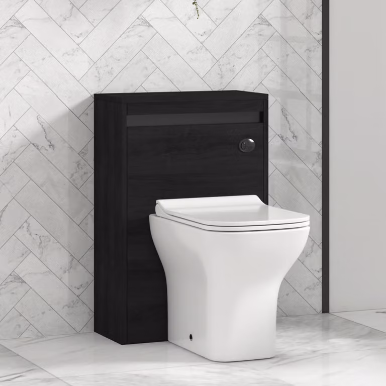 Orion Hale Black BTW WC Unit with Qubix Rimless Toilet Pan, Slim Soft Close Seat and Cistern, White and Black Accent Trim, Width: 54 cm