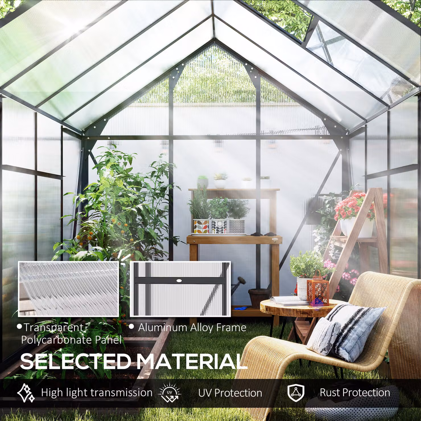Outsunny Large Walk-In Polycarbonate Greenhouse with Aluminium Frame and Galvanised Base, Transparent, W: 182.88 cm, D: 190 cm, H: 201 cm – 5