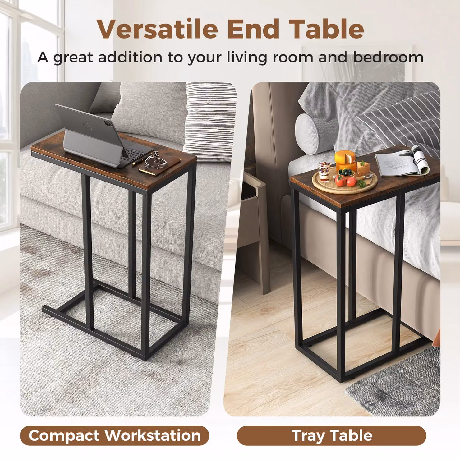 Gymax C-Shaped End Table with Metal Frame, Brown, Height: 64 cm – 6
