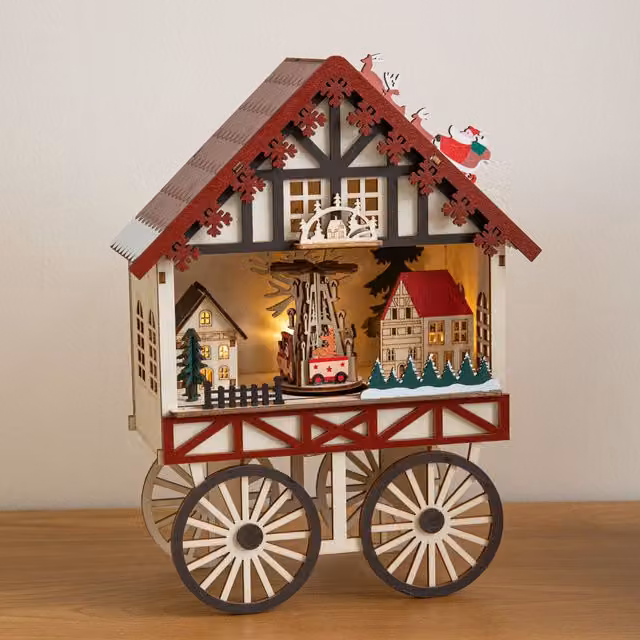 Samuel Alexander Rustic Wooden Christmas Carriage Musical Tabletop Scene with Warm White LEDs, W: 27.0 cm, H: 20.0 cm, D: 10.0 cm, White and Brown