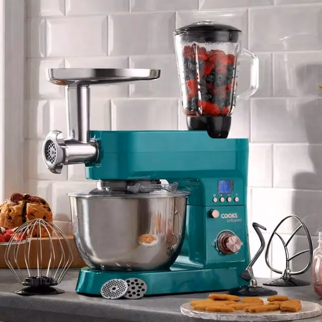 Cooks Professional Multifunction Stand Mixer 1200W with Mincer and Blender, 6.2L Stainless Steel Bowl, Petrol and Gold