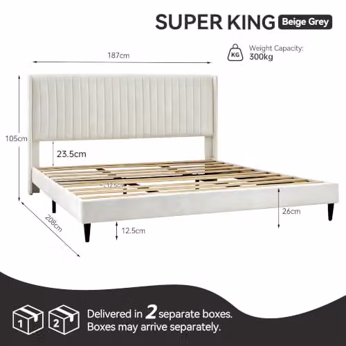 MCC Direct Charlie Velvet Upholstered Super King Bed Frame with Channel Headboard in Beige, W/D/H: 200 x 187 x 105 cm – 2