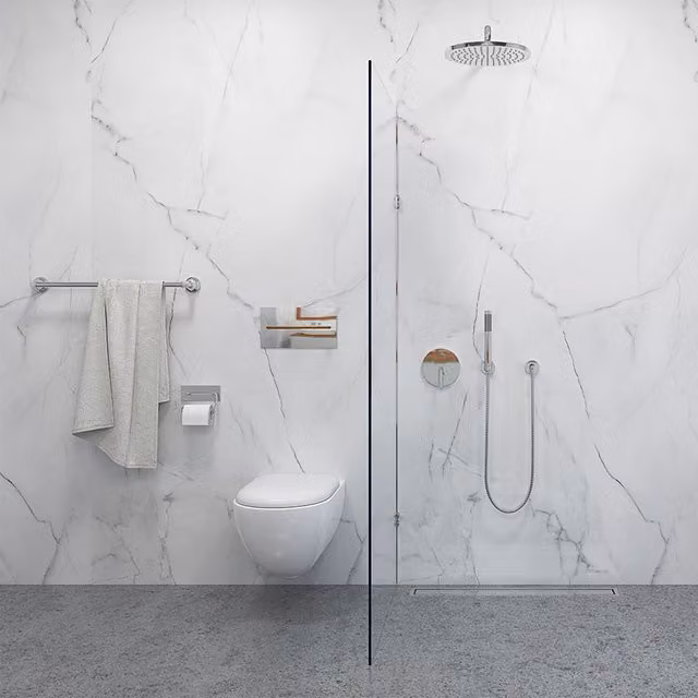 Wetwall Elite Double Post Formed Atena Marble Shower Panel in White Stone Look