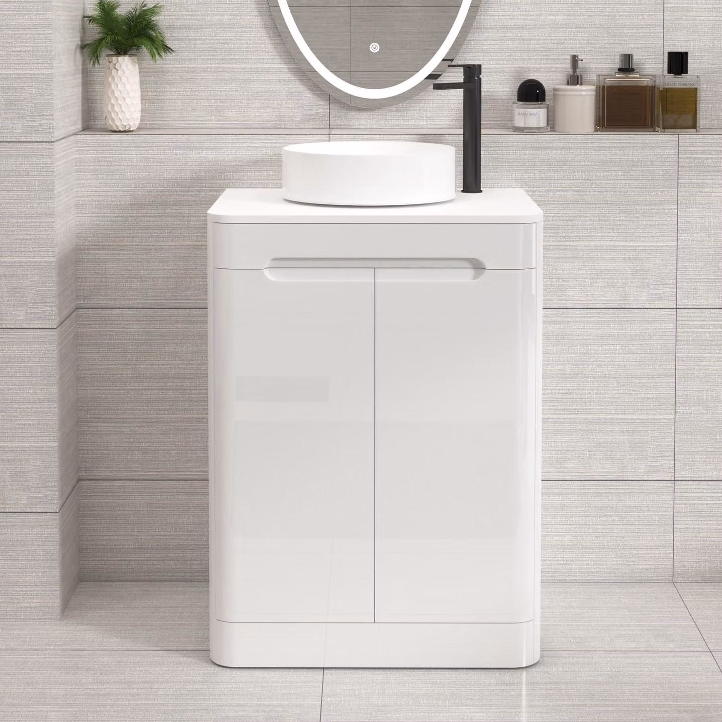 Royal Bathrooms Venice 600mm Gloss White Floor Standing 2 Door Vanity Unit with Plain White Worktop and Art Basin