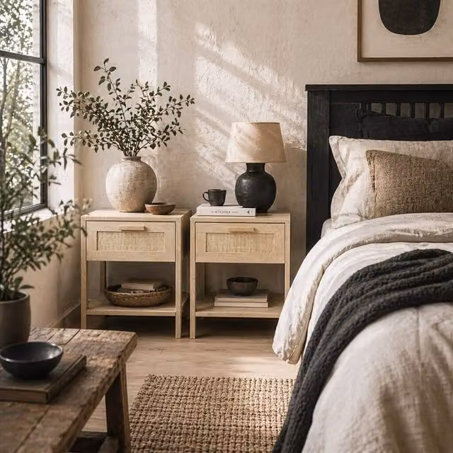 Wyld Haus Dilamo Set of 2 Farmhouse Bedside Tables with Rattan Drawer and Open Shelf in Beige – 1
