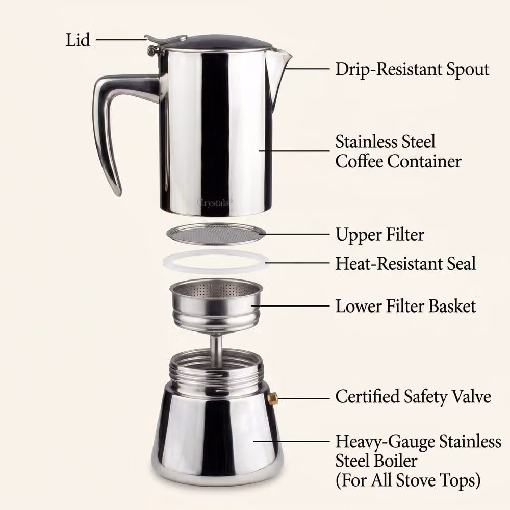Crystals Stainless Steel 4 Cup Espresso Maker Stovetop Moka Pot in Metallic Silver, 200ml – 4