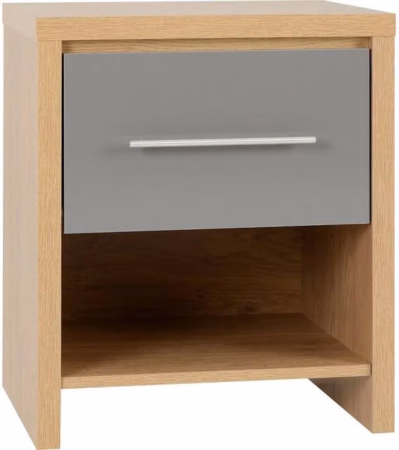 FORGEVIO Grey Gloss 1 Drawer Bedside Cabinet in Light Oak, W/D/H: 38.5 x 18.5 x 40.5 cm