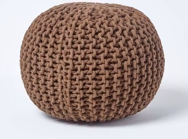 Homescapes Round Cotton Knitted Pouffe Footstool in Brown