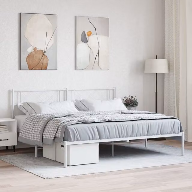 Berkfield Home Metal Bed Frame with Headboard in White W: 193 cm, D: 203 cm