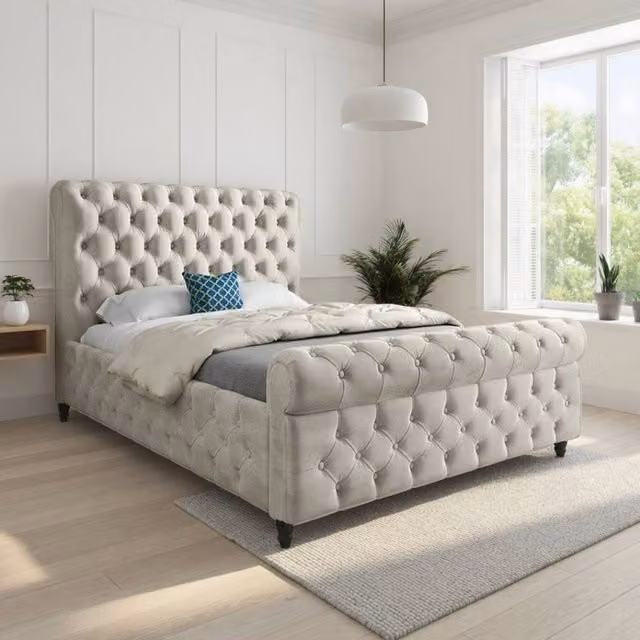 KDMD Tiddington Sleigh Upholstered Bed Frame in Beige Soft Velvet, Small Single – 1