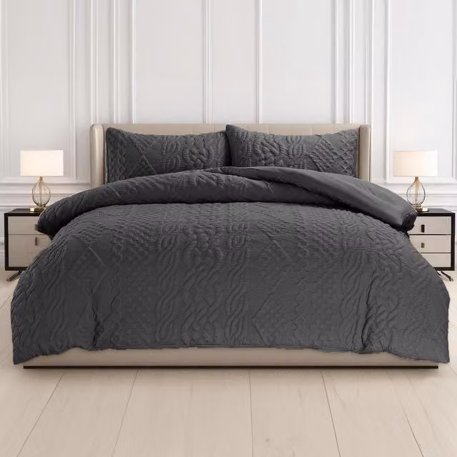 Velosso Modern 3D Embossed Chunky Knit Pattern Duvet Set and Pillowcase in Anthracite Grey, 200 x 200 cm