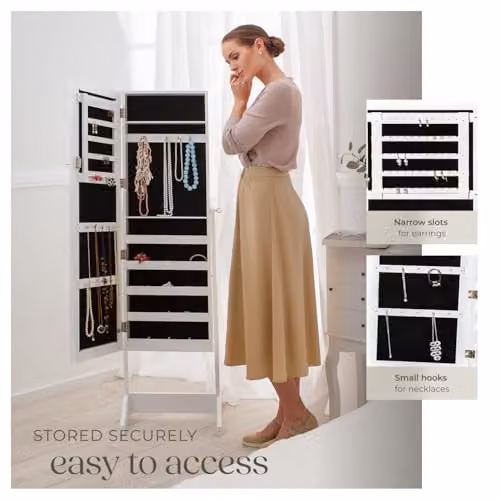 tectake Mirror Jewellery Cabinet with Stable Stand and Lockable Storage, White – 3