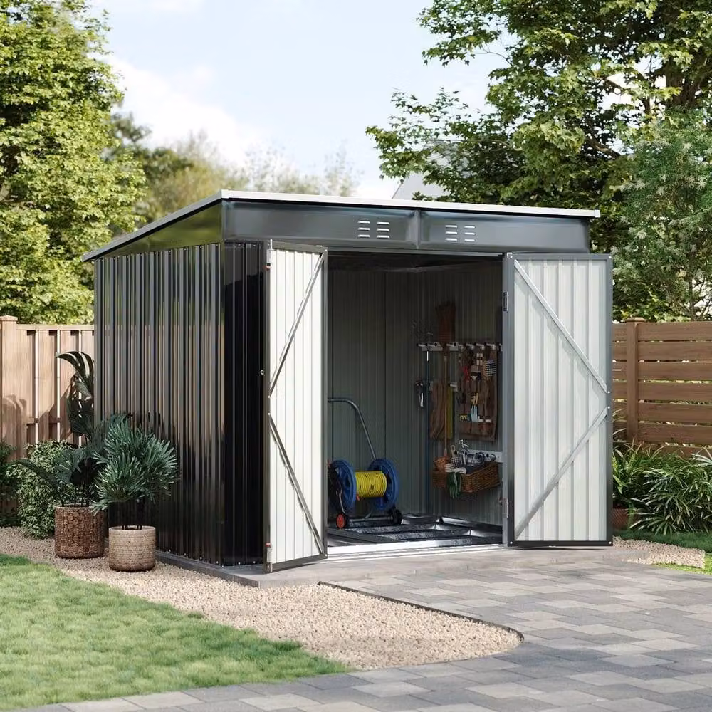 PAWNORA Black Metal Pent Garden Shed with Foundation Kit, W: 231 cm, D: 190 cm, H: 185 cm – 4