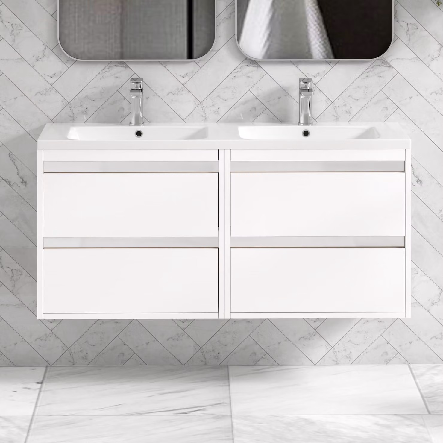Royal Bathrooms Orion 1200 Matt White Wall Hung 4 Drawer Vanity Unit with Ceramic Basin and Chrome Accent Trim