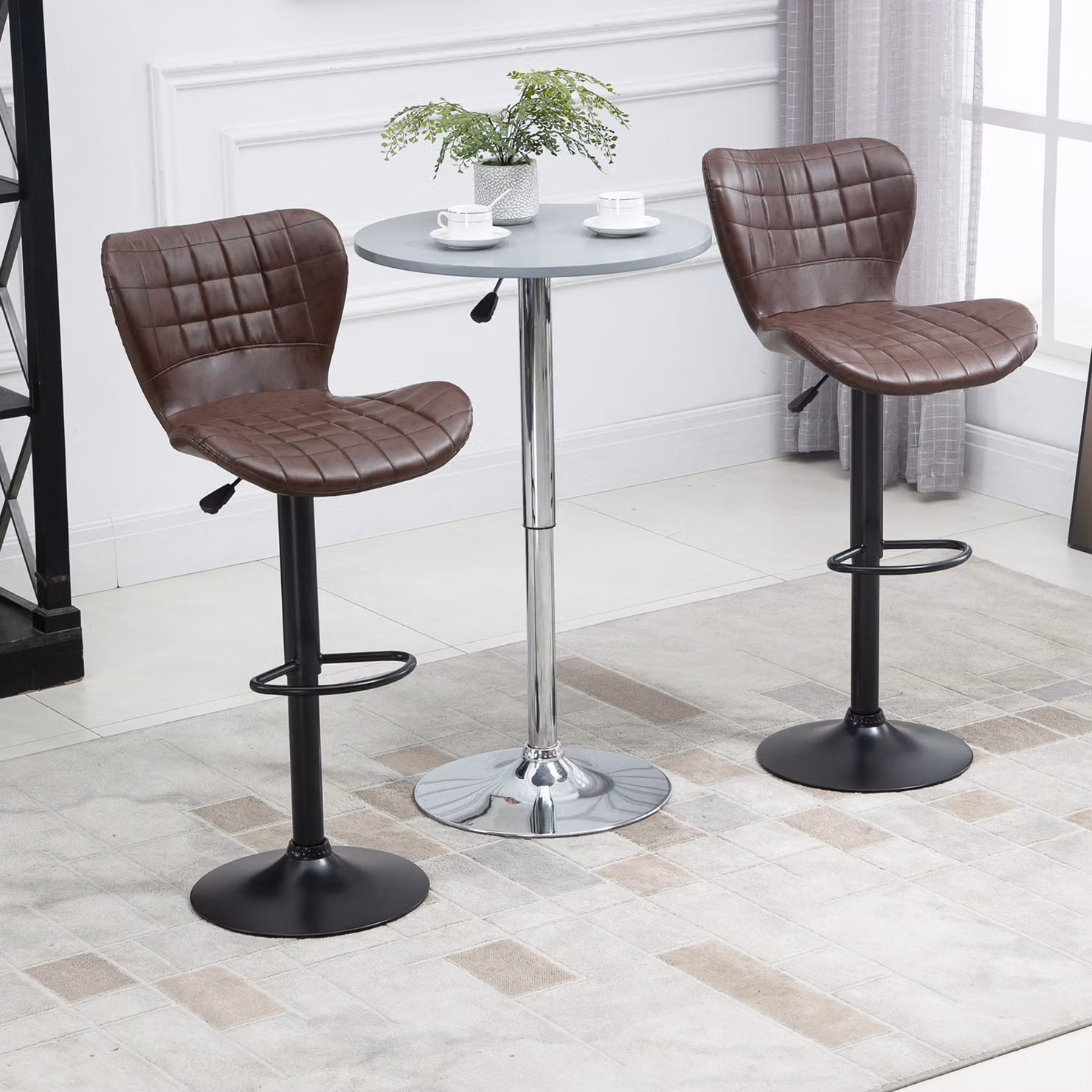 HOMCOM Set of 2 Adjustable Height Swivel Bar Stools in Brown PU Leather with Backrest and Footrest – 2