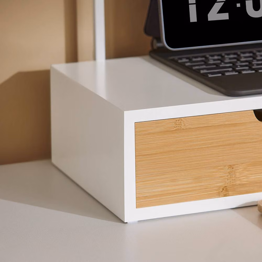 SoBuy Monitor Stand with 3 Drawers and Bamboo Front in White – 3