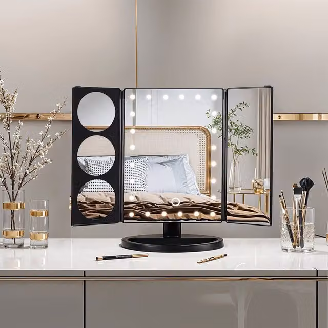 Komore Tri-Fold LED Makeup Mirror - Black