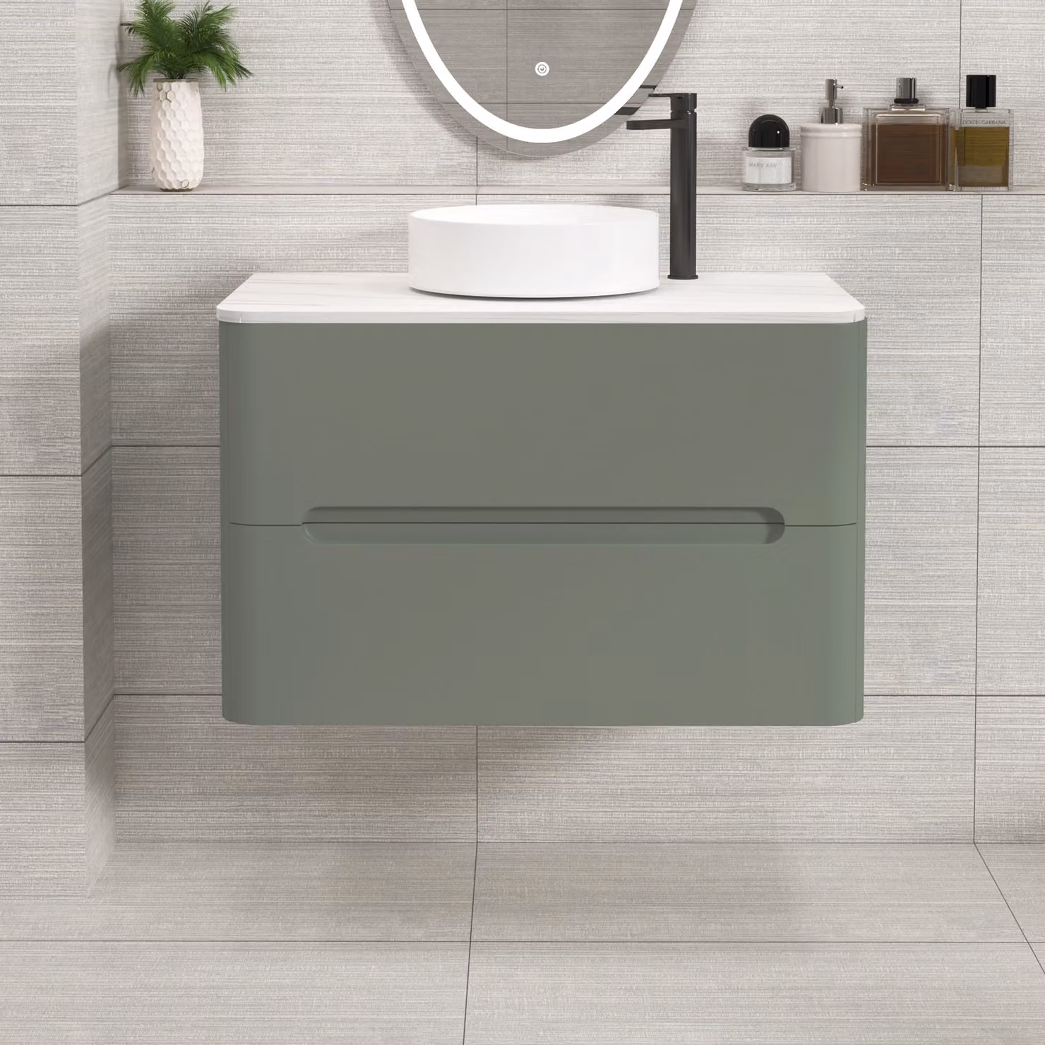 Royal Bathrooms Venice 800mm Sage Green Wall Hung Countertop Vanity Unit with 2 Drawers and Art Basin