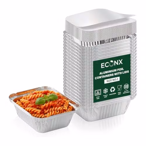 ECONX Silver Aluminium Foil Food Containers with Lids, Pack of 100