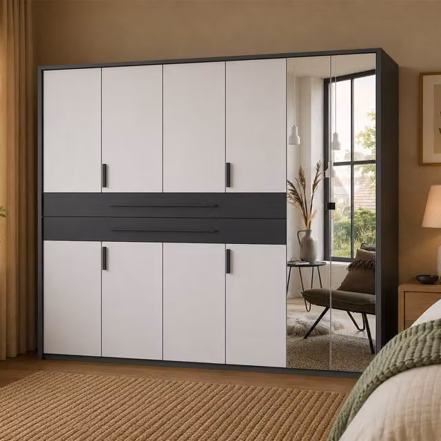 Digit 6 Door Modern Wardrobe with Mirror in White or Grey, W: 270 cm